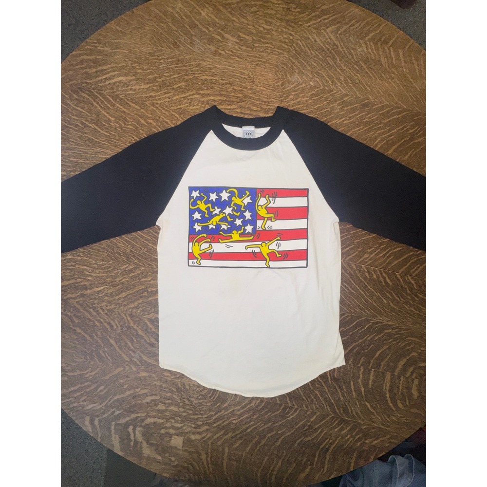 Obey x Keith Haring Foundation Flag Dancing Figures Raglan 3/4 Sleeve Tee Sz S